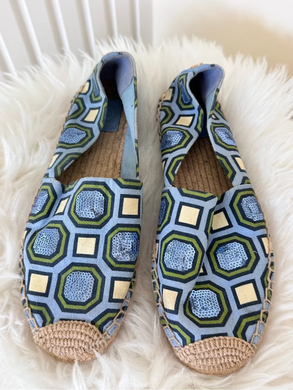 Authentic Tory Burch Blue, Green & Cream Geometric Espadrilles Size 8 like New